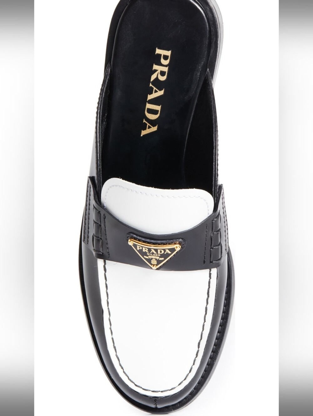 $1,200 Prada Brushed Leather Bi-color Triangle Logo Loafer Mule EU 38 US 8 BNIB - Picture 6 of 13